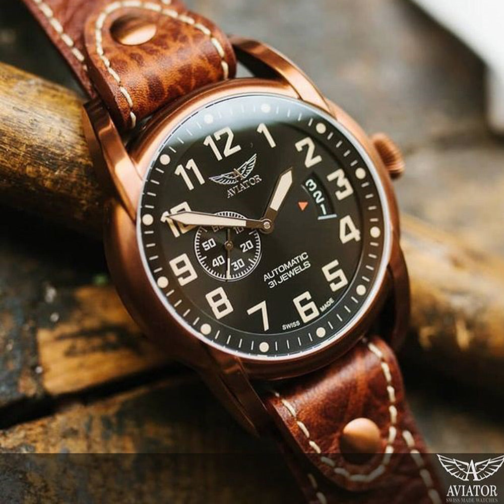 Часовник Aviator V.3.18.8.162.4 - Лимитиран Мъжки Автоматичен Модел С Черен Циферблат И Кафява Кожена Каишка