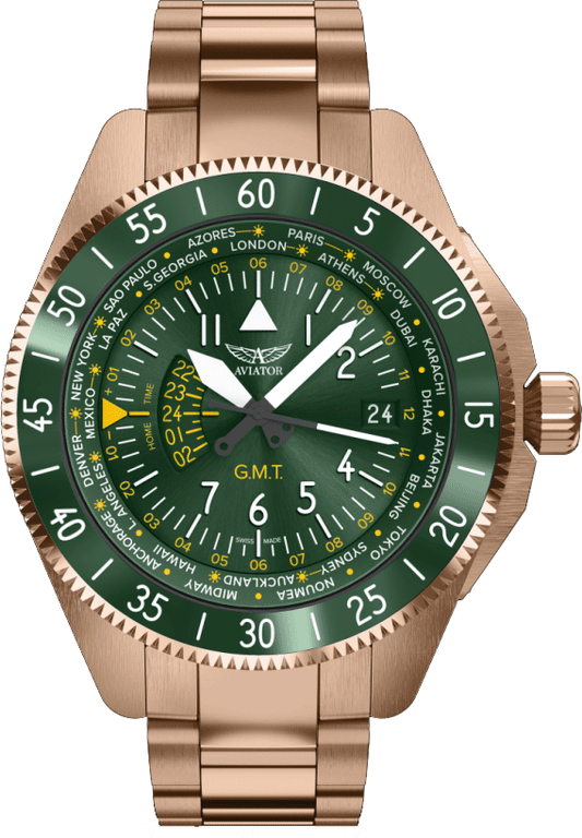 Часовник Aviator V.1.37.2.309.5 GMT Зелен Циферблат 100м