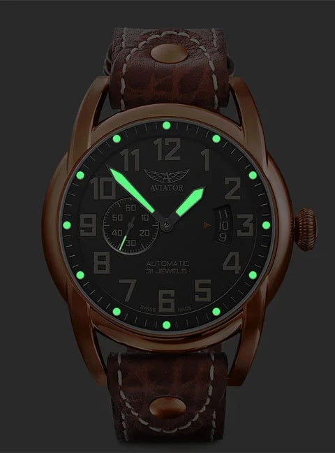 Часовник Aviator V.3.18.8.162.4 - Лимитиран Мъжки Автоматичен Модел С Черен Циферблат И Кафява Кожена Каишка