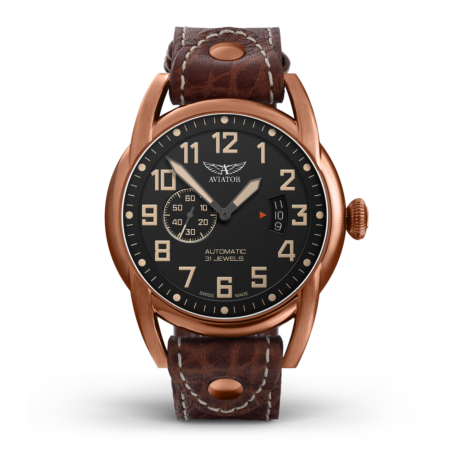 Часовник Aviator V.3.18.8.162.4 - Лимитиран Мъжки Автоматичен Модел С Черен Циферблат И Кафява Кожена Каишка