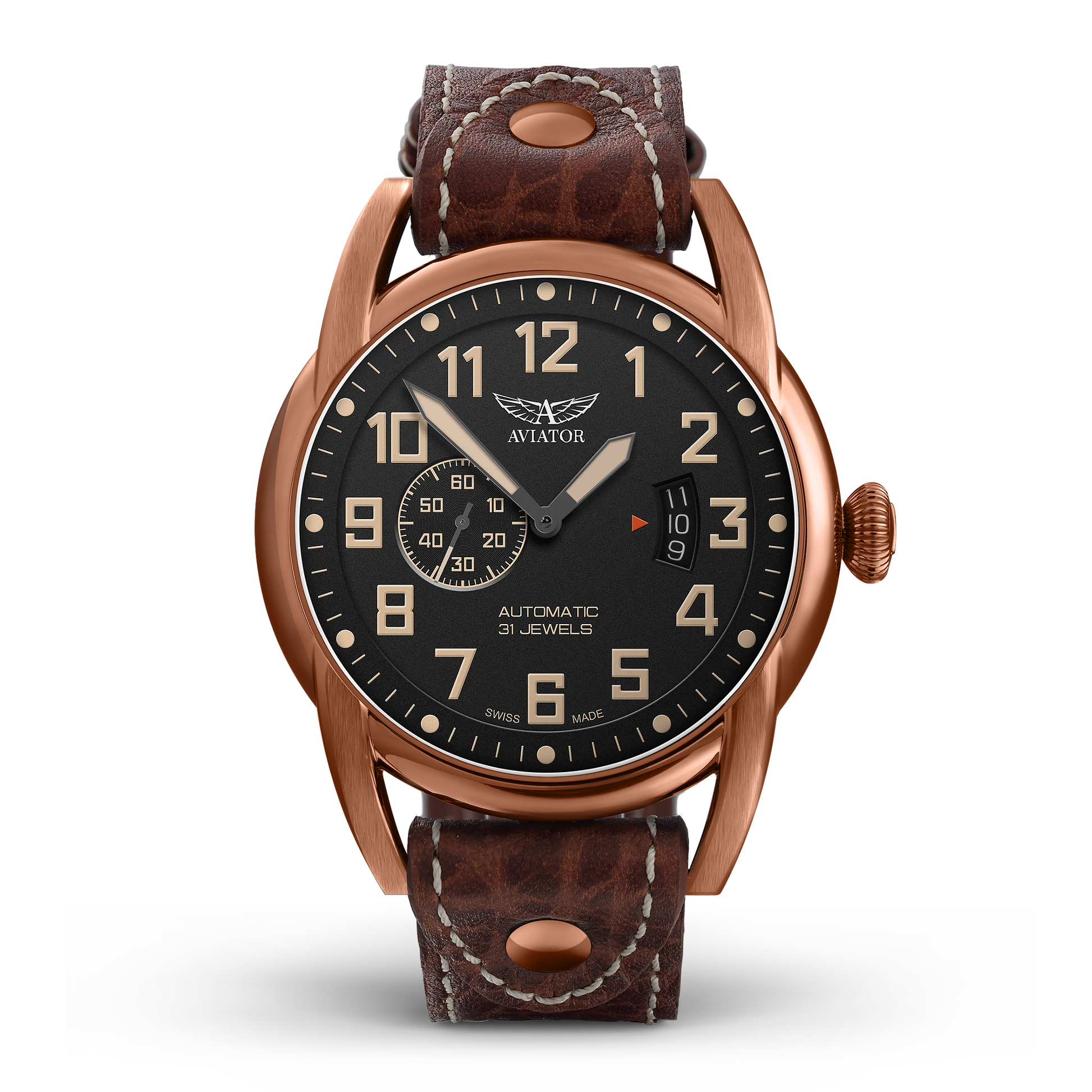 Часовник Aviator V.3.18.8.162.4 - Лимитиран Мъжки Автоматичен Модел С Черен Циферблат И Кафява Кожена Каишка