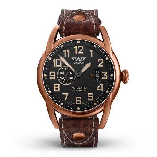 Часовник Aviator V.3.18.8.162.4 - Лимитиран Мъжки Автоматичен Модел С Черен Циферблат И Кафява Кожена Каишка