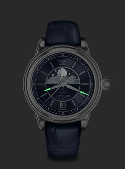 Часовник Aviator V.1.33.0.255.4 - Дамски Кварцов Модел С Фази На Луната И Синя Кожена Каишка