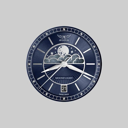 Часовник Aviator V.1.33.0.255.4 - Дамски Кварцов Модел С Фази На Луната И Синя Кожена Каишка